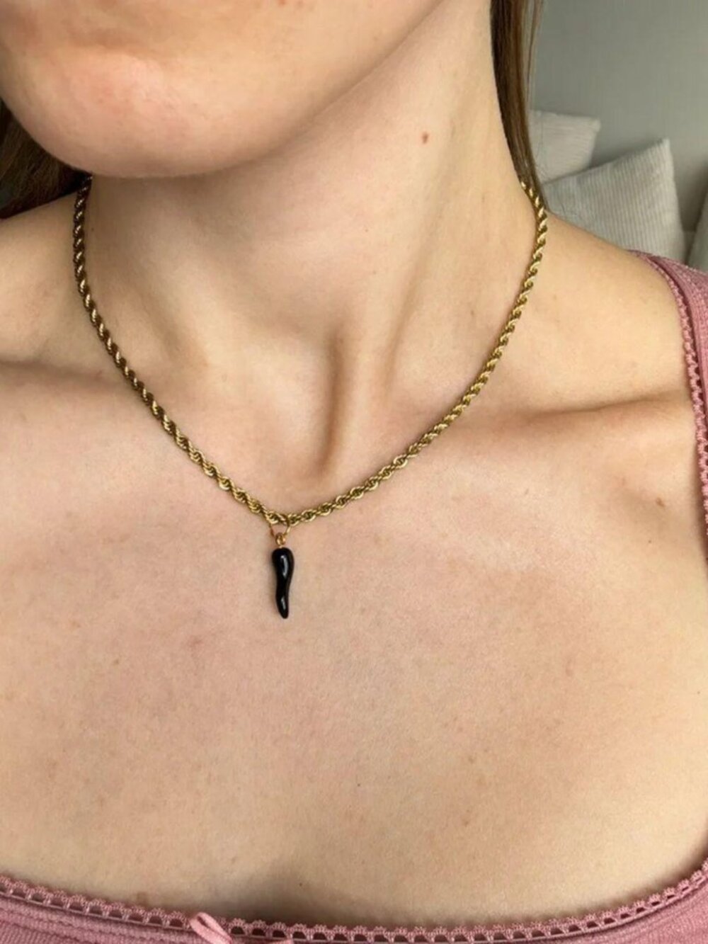 The Alix Gold stainless steel tarnish free gold necklace twisted rope chain blac